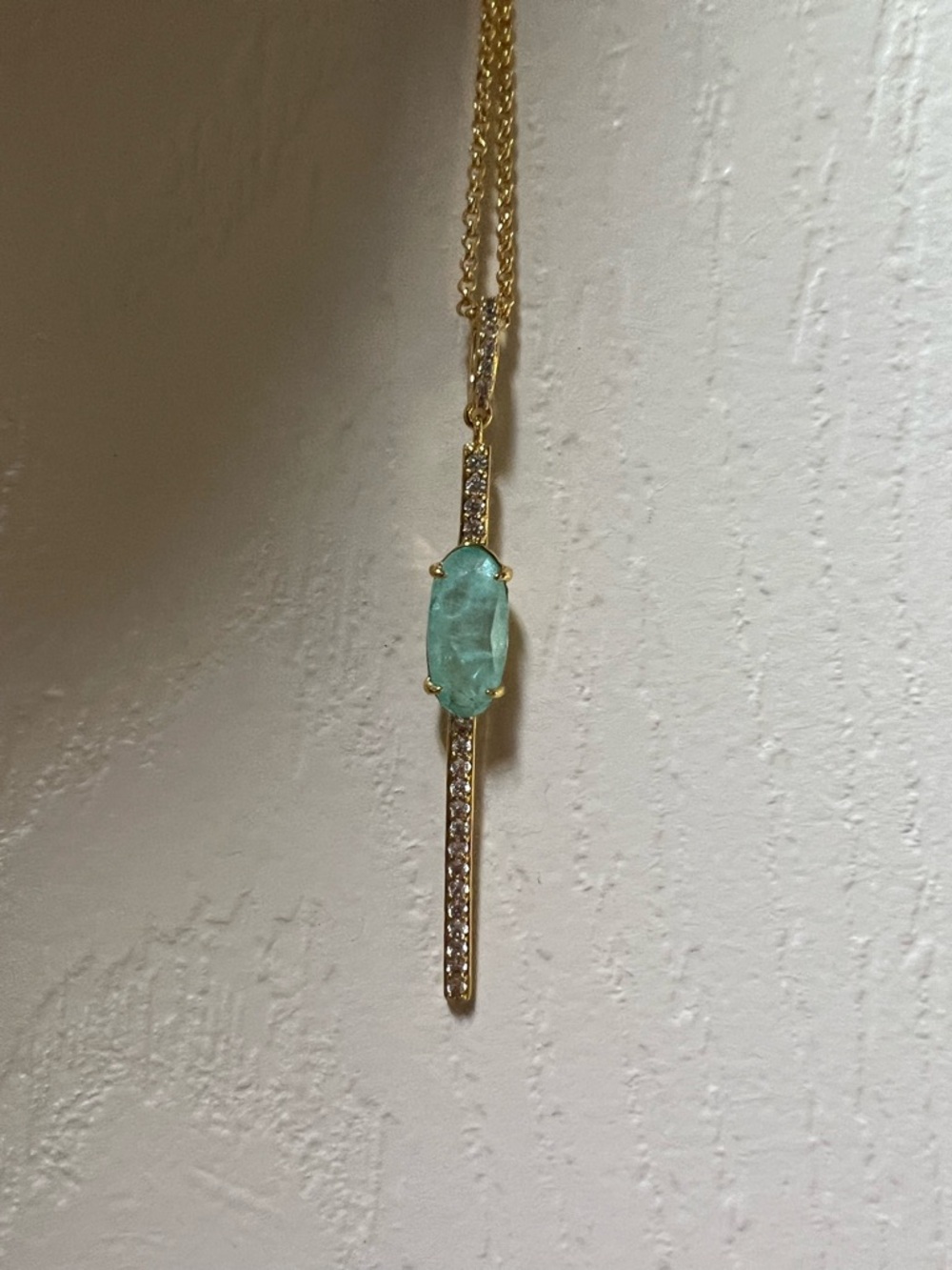 Gold Bar Pendant Necklace with Aqua Blue Stone